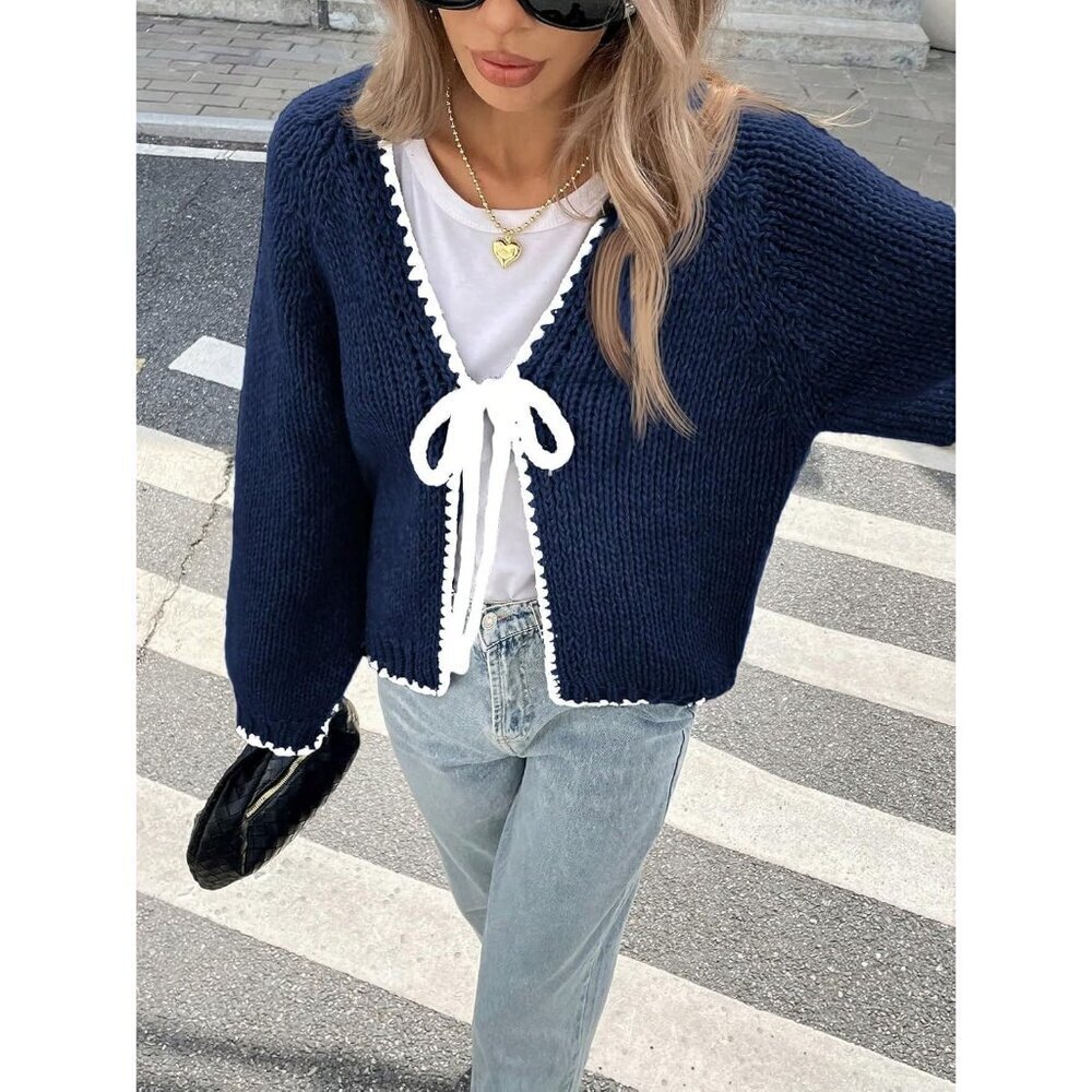 Women's Long Sleeve Knit Cardigan V Neck Tie Front Puff Fall Winter Casual - Picture 4 of 7